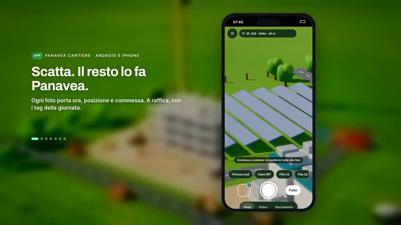 Schermata dell'app Panavea Cantiere con la fotocamera e i tag della giornata